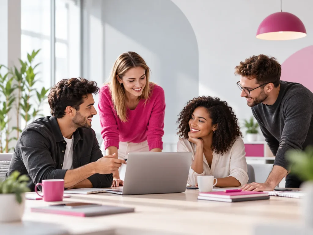 Vier Personen tauschen sich in einem modernen Büro über interessante Ideen und digitale Inhalte aus.