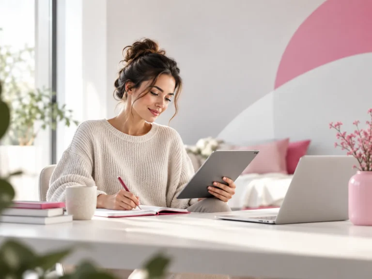 Junge Frau liest digitale Artikel auf einem Tablet und macht sich Notizen an einem hellen Arbeitsplatz.