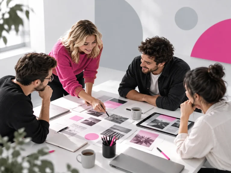Kreatives Team entwickelt gemeinsam neue Ideen und bespricht verschiedene Inhalte an einem modernen Arbeitsplatz.