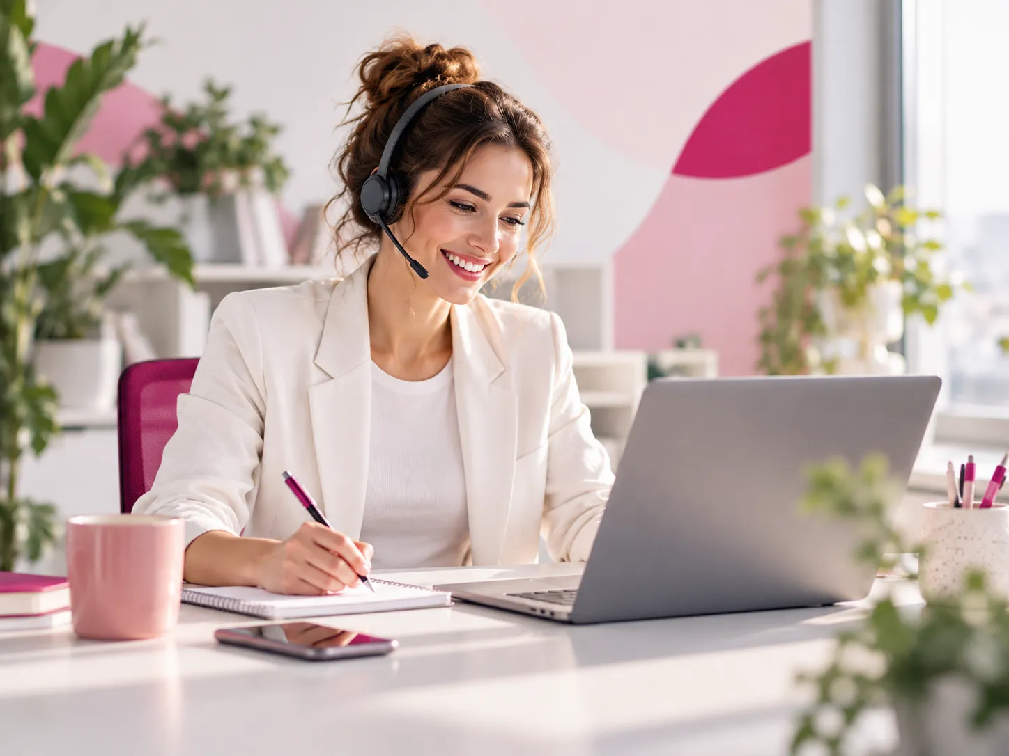 Freundliche Mitarbeiterin mit Headset beantwortet Anfragen an einem modernen Arbeitsplatz mit Laptop und Notizbuch.