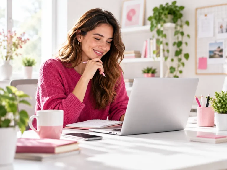 Junge Frau sucht an einem modernen Arbeitsplatz mit Laptop nach hilfreichen Informationen und Antworten auf häufig gestellte Fragen.
